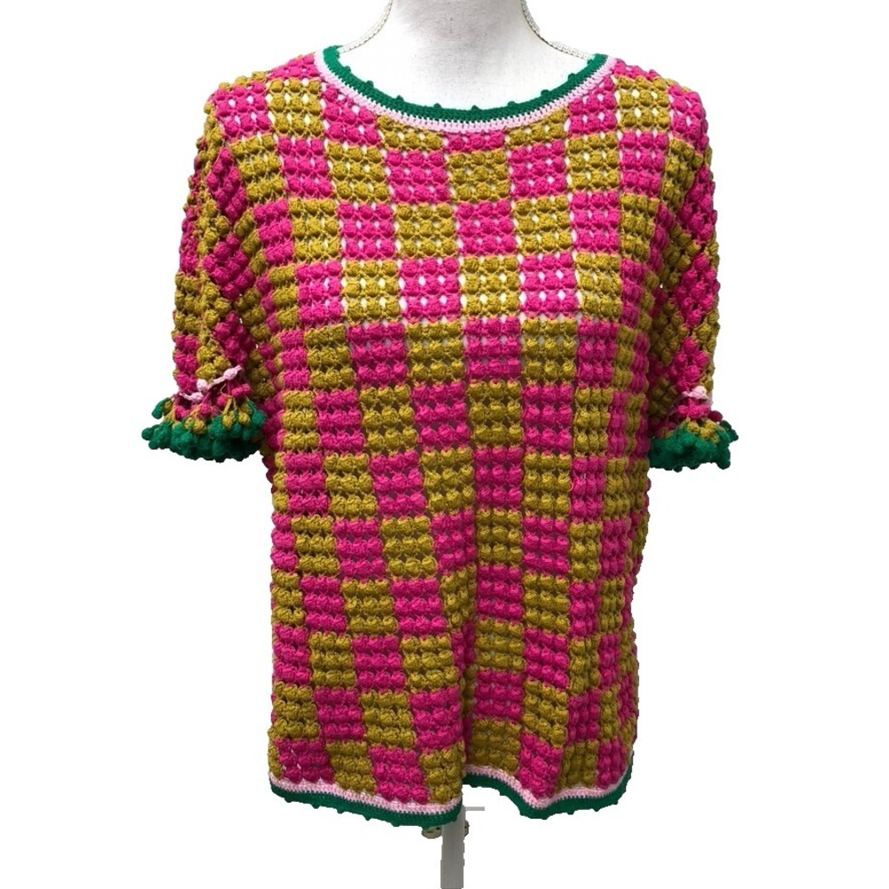Happy Sheep Cotton Crochet Knit Sweater Small Granny Square Oversizeโ Retro